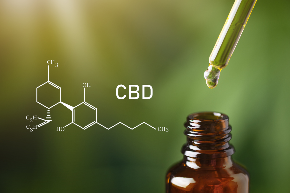 Bouteille d'huile de CBD avec une pipette et sa structure chimique, mettant en avant ses bienfaits pour le sommeil et le bien-être.