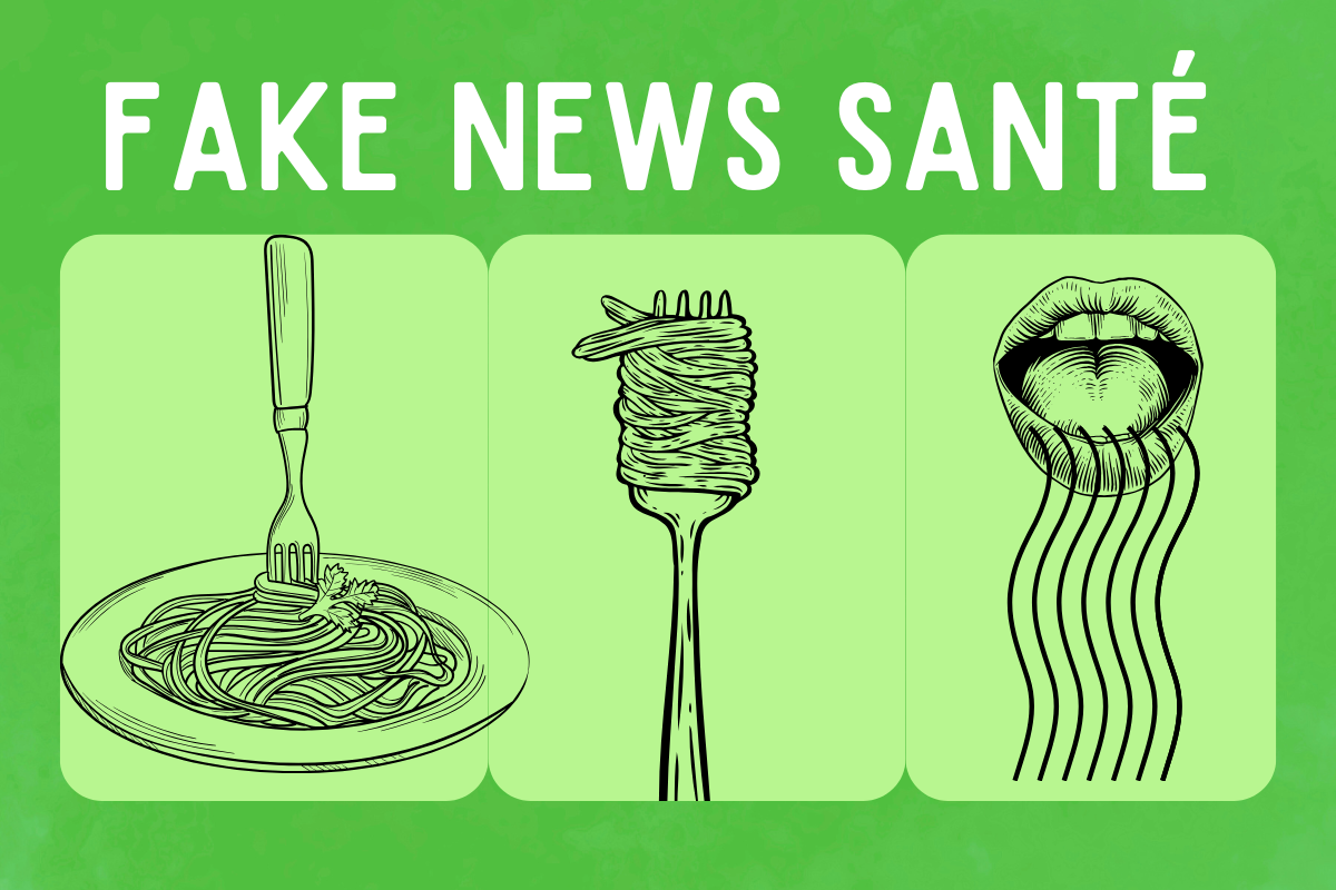 "Illustration de spaghettis et d'une bouche, symbolisant les fake news en santé et leur diffusion.