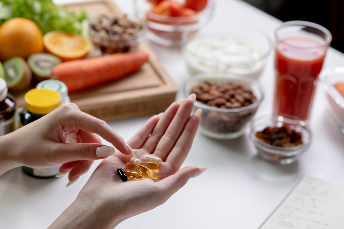 Main avec des compléments alimentaires devant une sélection de fruits, légumes et noix, symbolisant une approche holistique du bien-être."