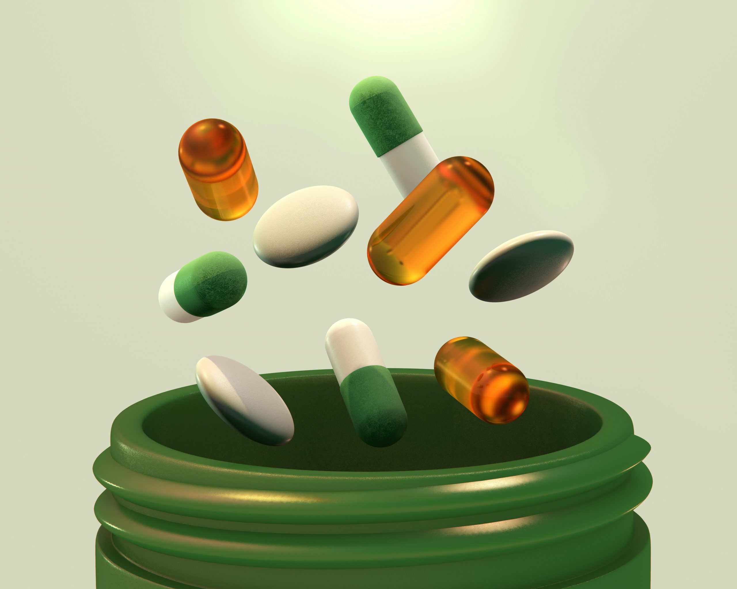 Gélules de mélatonine flottant au-dessus d’un flacon vert, illustrant les effets et bienfaits de ce complément alimentaire pour la santé.