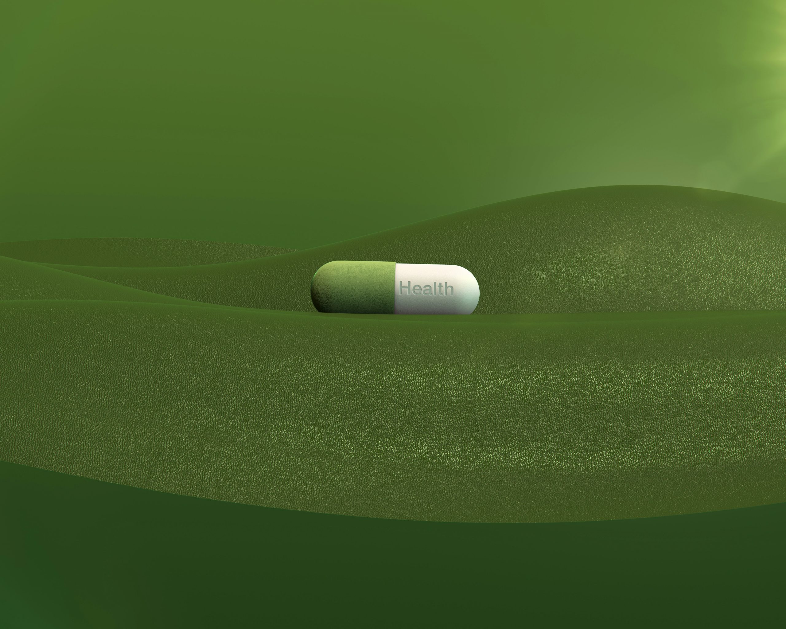 Capsule verte et blanche posée sur une surface texturée verte, représentant un complément de mélatonine pour favoriser le sommeil et la relaxation.