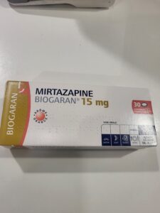 Boîte de Mirtazapine 15 mg Biogaran, arôme orange, médicament utilisé pour traiter la dépression et favoriser l'augmentation de l'appétit.